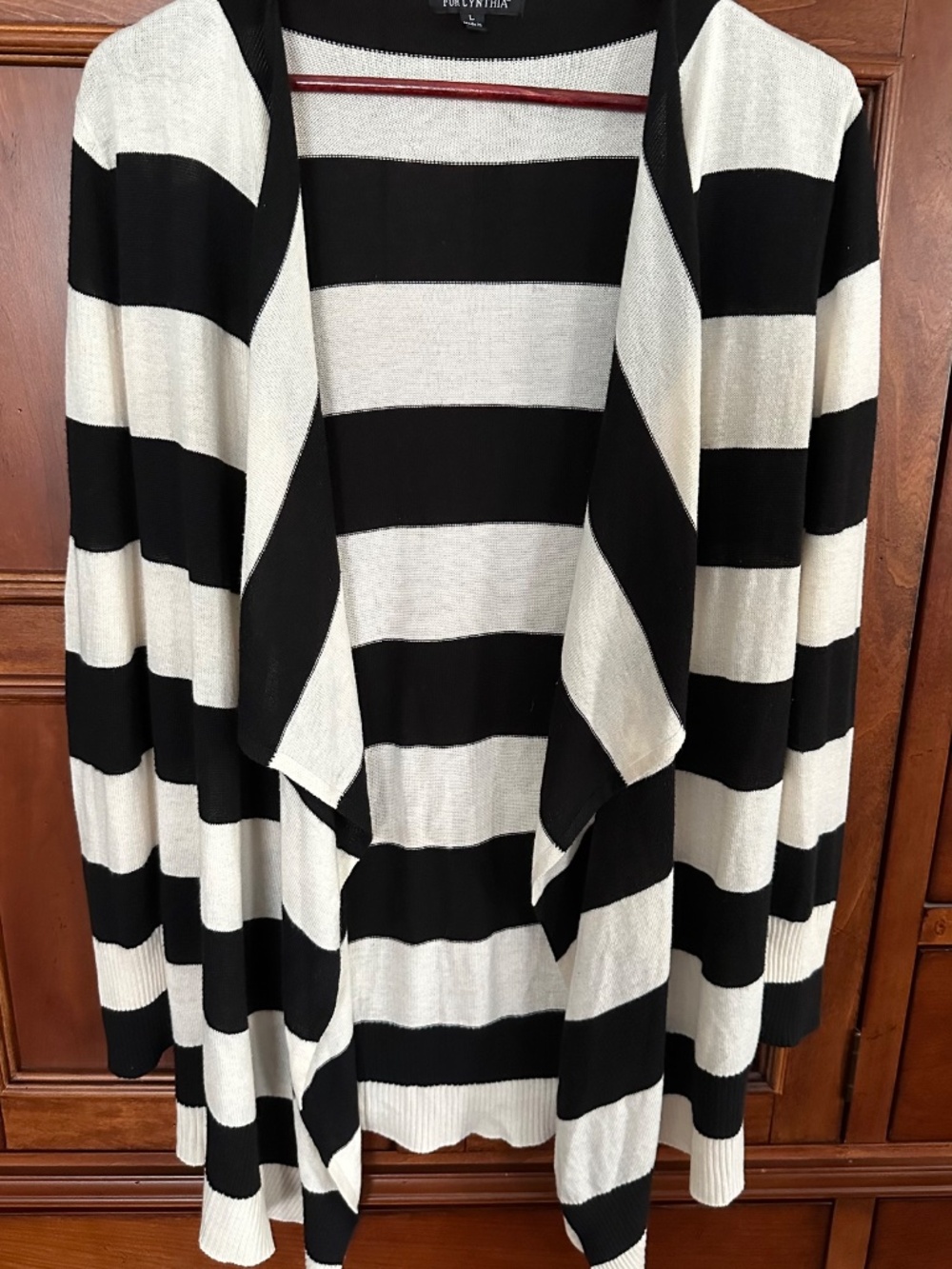 For Cynthia Waterfall Lightweight Black Cream Striped Open Cardigan Size M/L EUC